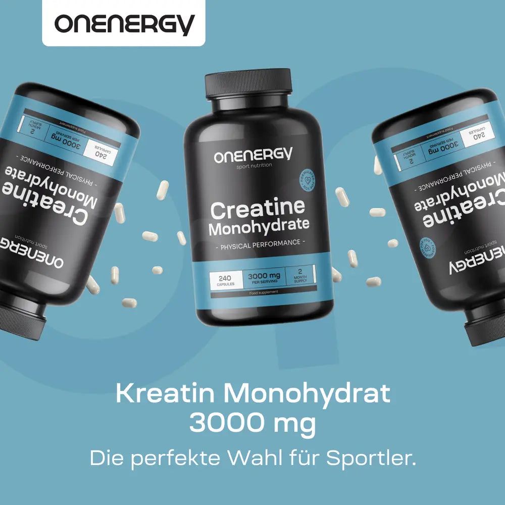 Drei Flaschen Creatine Monohydrate. Text: Kreatin Monohydrat 3000 mg. Die perfekte Wahl für Sportler.