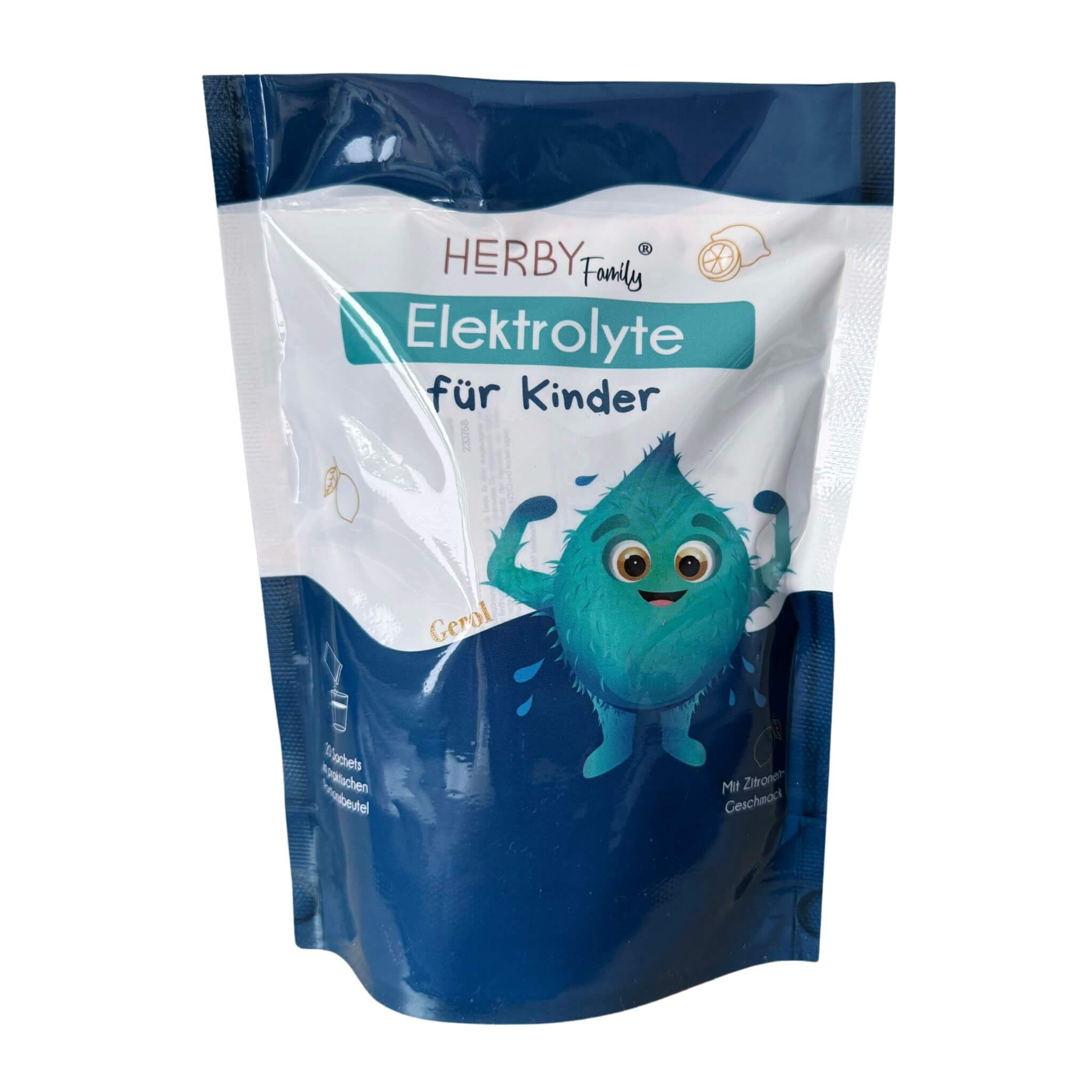 Beutel mit Elektrolyten für Kinder. Marke Herby Family. Blau-weißes Design mit Cartoon-Figur.