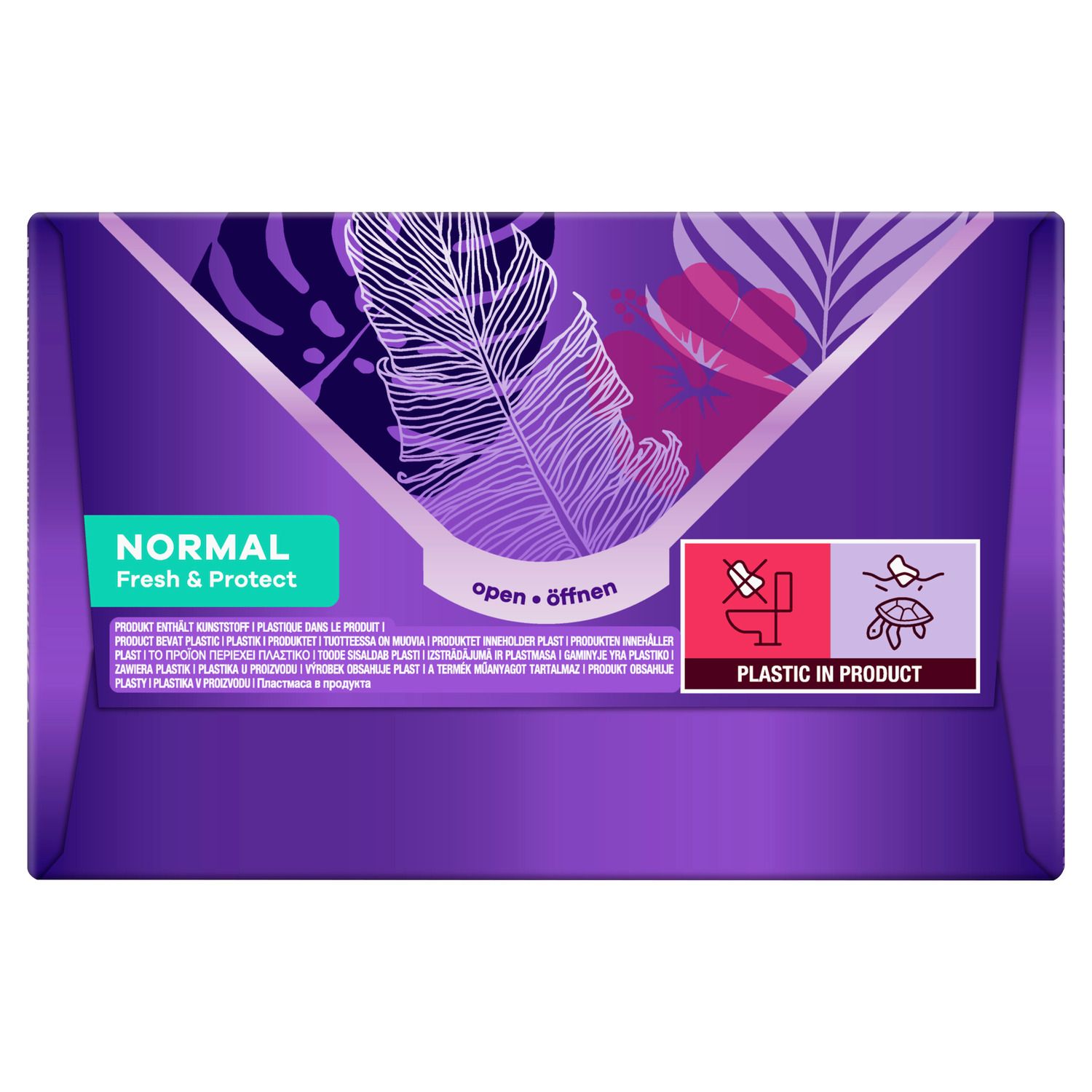 Verpackung Rückseite. Aufschrift: Normal, Fresh & Protect. Piktogramme: Plastik im Produkt, nicht in Toilette.