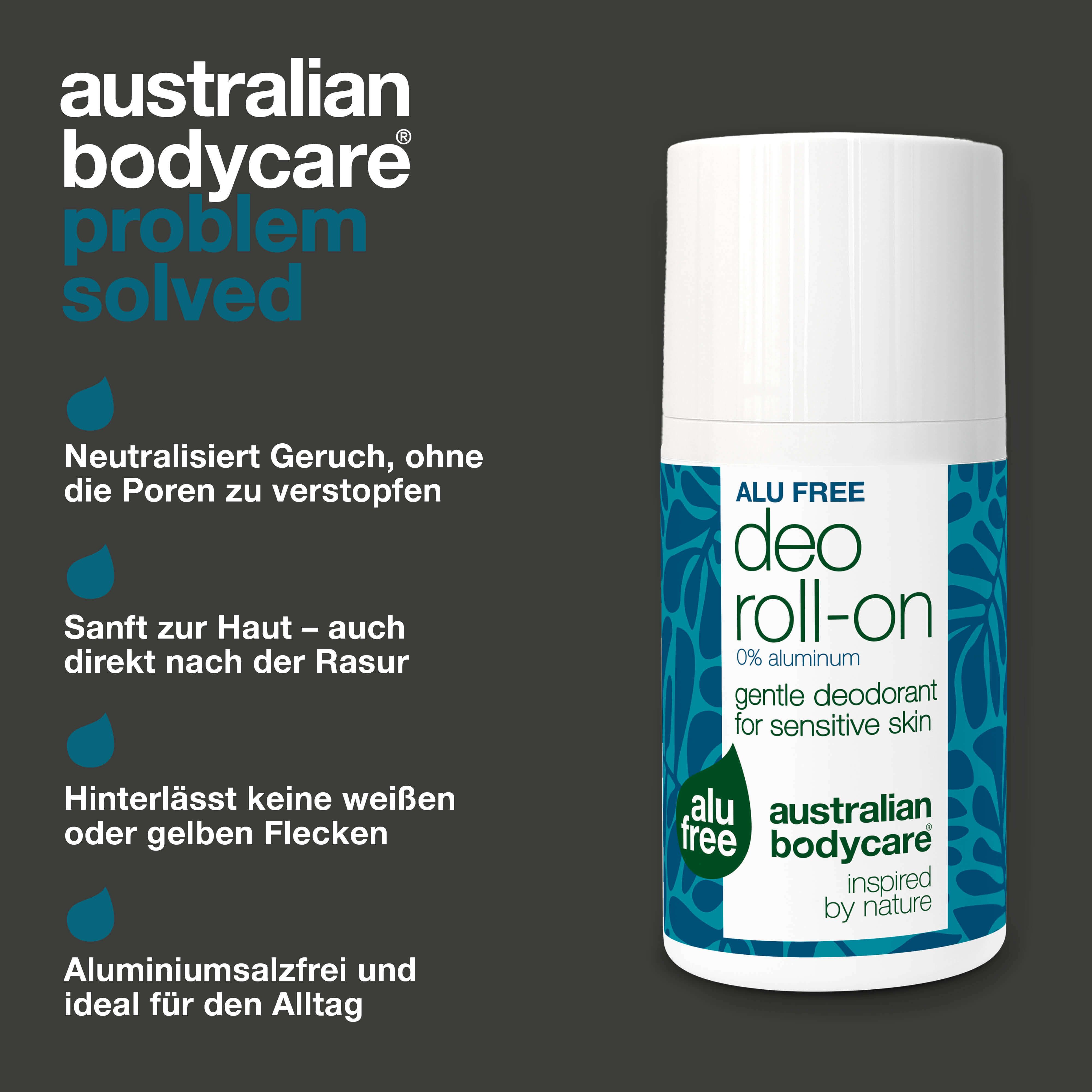 Deo Roll-on von Australian Bodycare. Text: Alu Free, Deo Roll-on, 0% Aluminium. Neutralisiert Geruch, sanft zur Haut, ohne Flecken.