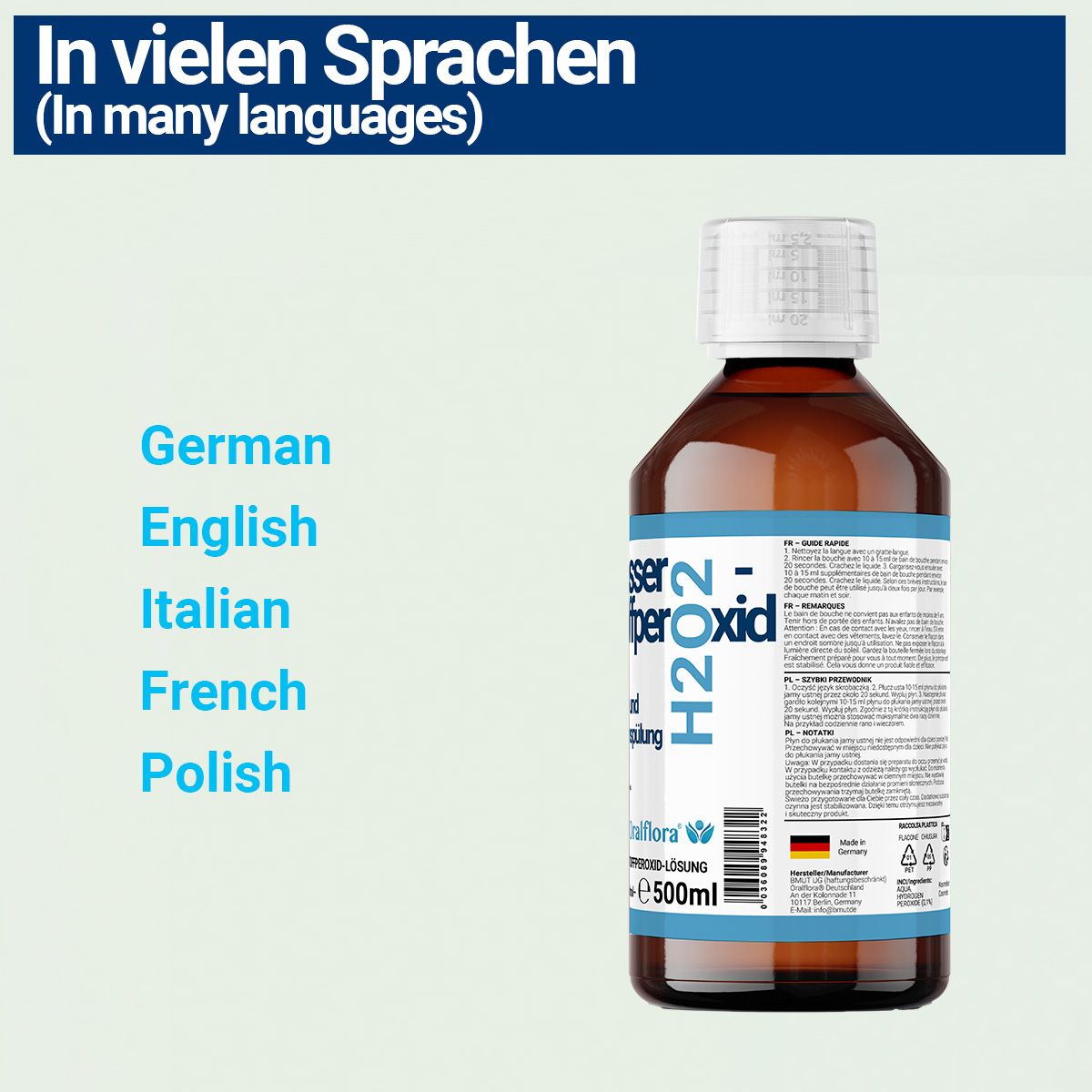 Braune Flasche mit weißem Deckel. Beschriftung: Wasserstoffperoxid H2O2, Mund- und Rachenspülung, 0,1% Oralflora. In mehreren Sprachen.