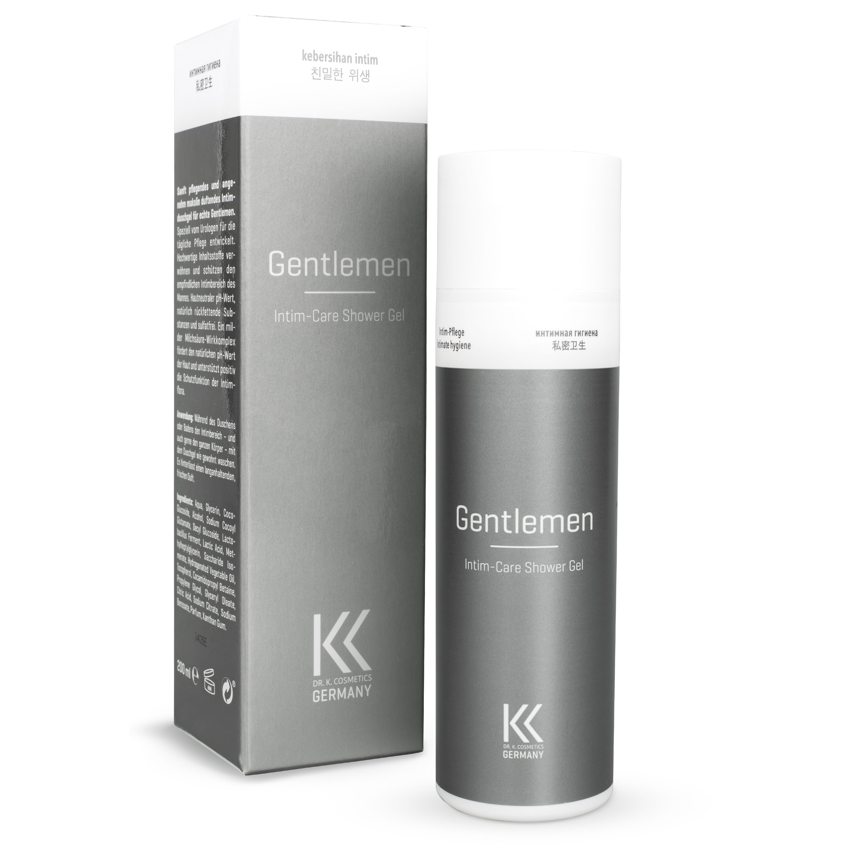 Eine Flasche und eine Schachtel. Aufschrift: Gentlemen Intim-Care Shower Gel. Marke: Dr. K. Cosmetics Germany.