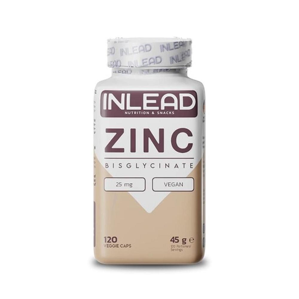Zink Bisglycinate in einer weißen Flasche. Enthält 120 Kapseln. Vegan. 25 mg pro Portion. 45g.