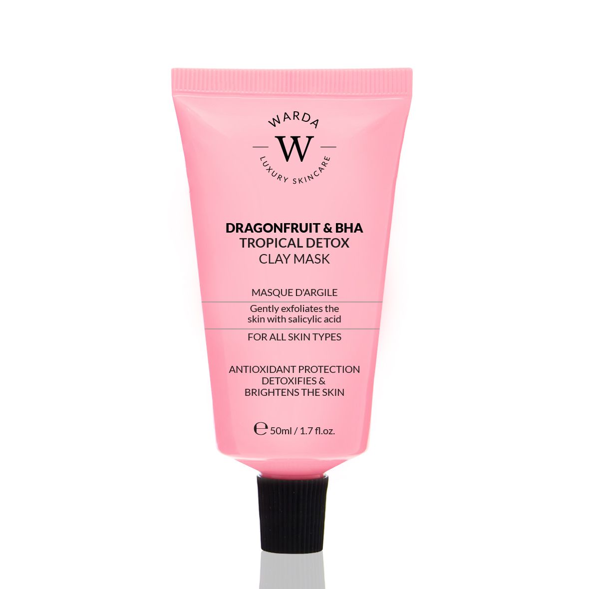 Rosa Tube mit schwarzem Verschluss. Aufschrift: Dragonfruit & BHA Tropical Detox Clay Mask. 50ml.