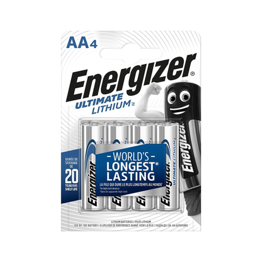 Verpackung mit vier AA-Batterien. Marke: Energizer Ultimate Lithium. "World's Longest Lasting" Text.