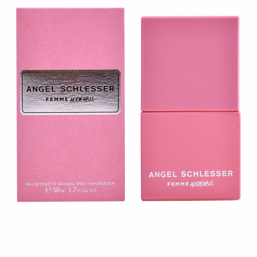 Rosa Flakon und Verpackung. Aufschrift: Angel Schlesser Femme Adorable. Eau de Toilette Spray.