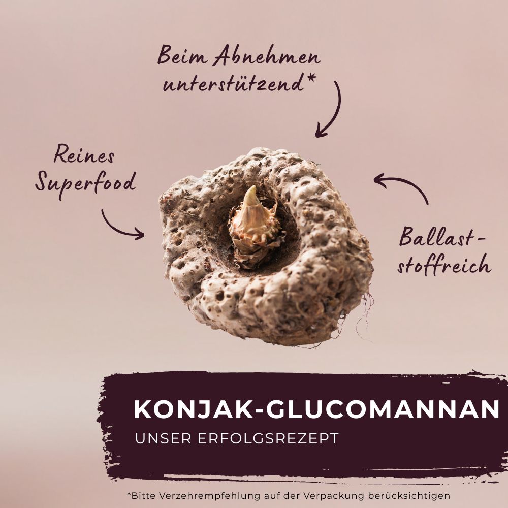 Konjak-Glucomannan, unser Erfolgsrezept. Bild einer Konjakwurzel. Text: Ballaststoffreich, Reines Superfood, Beim Abnehmen unterstützend.