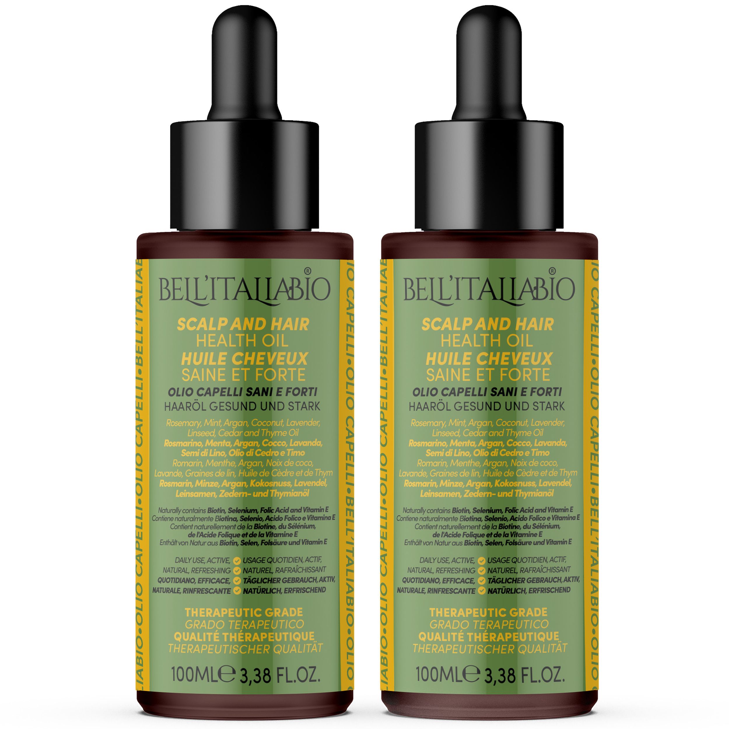 Zwei Flaschen Haaröl. Braune Flaschen mit schwarzem Deckel und Pipette. Aufschrift: Bell'Italiabio, Scalp and Hair Health Oil.