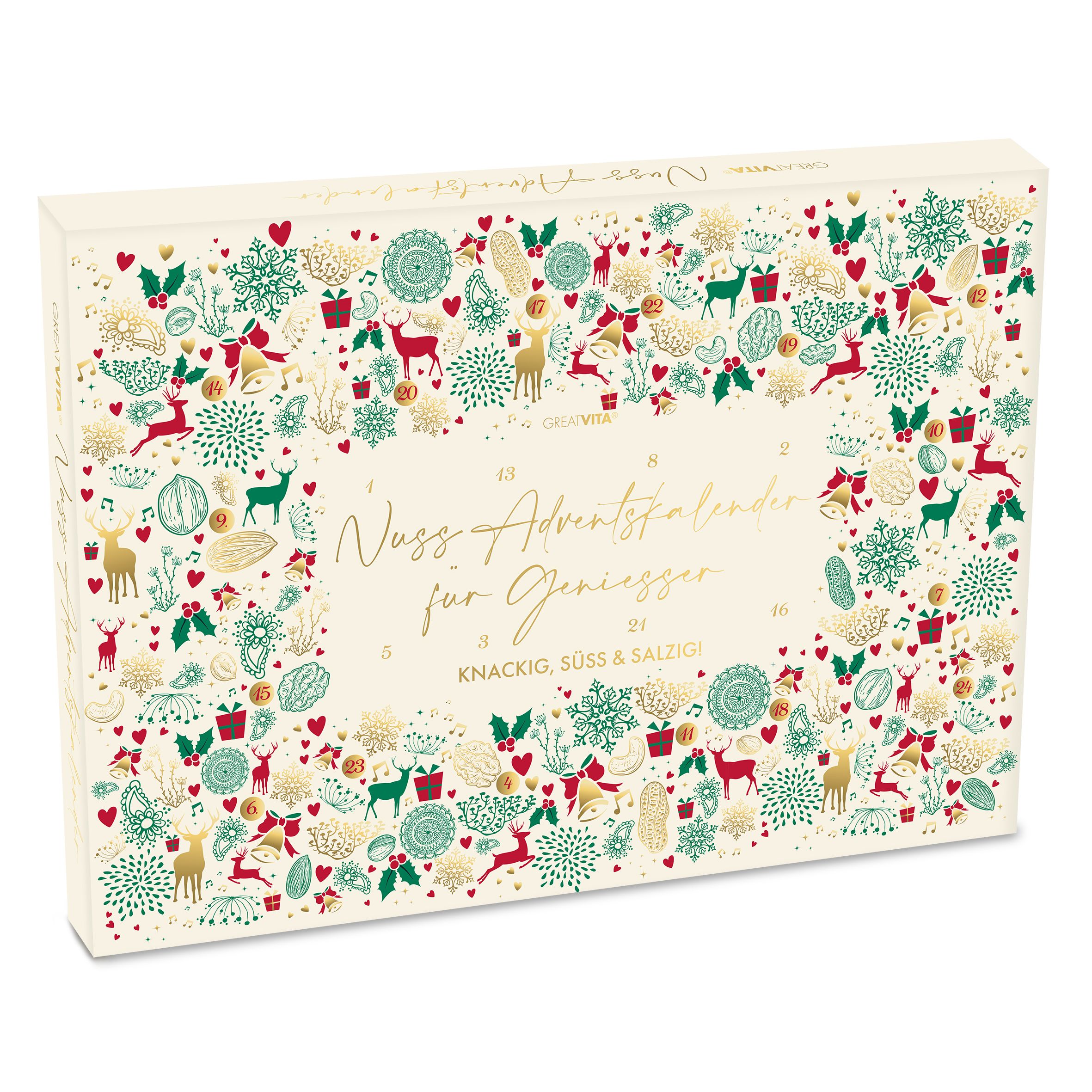 Adventskalender mit floralem Muster und dekorativen Elementen. Aufschrift: Nuss Adventskalender für Genießer. Knackig, süß & salzig!