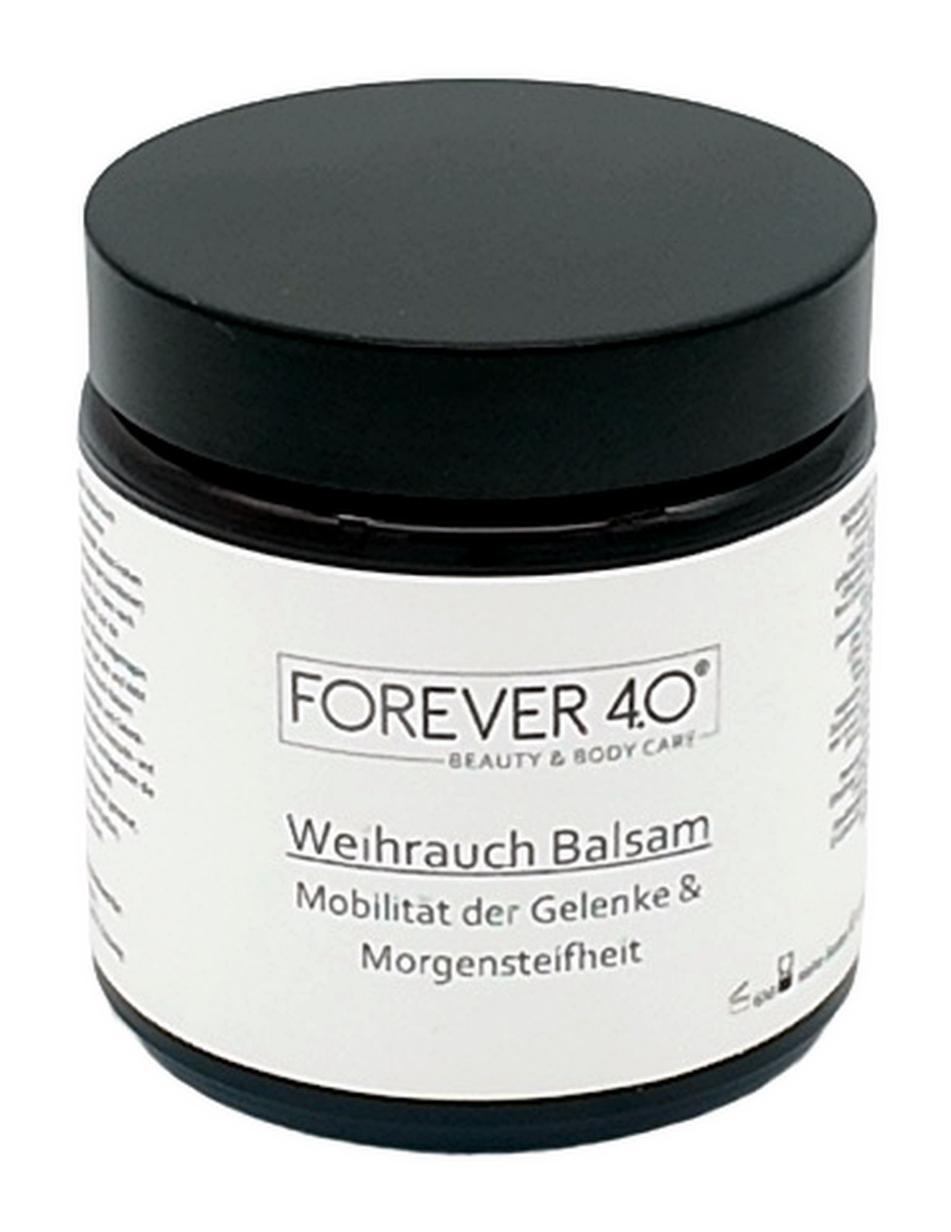 Runde Dose mit schwarzem Deckel. Auf dem Etikett steht "FOREVER 4.0" und "Weihrauch Balsam".