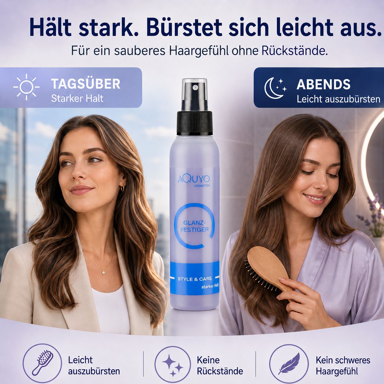 Frau bürstet sich abends die Haare. "Hält stark. Bürstet sich leicht aus."