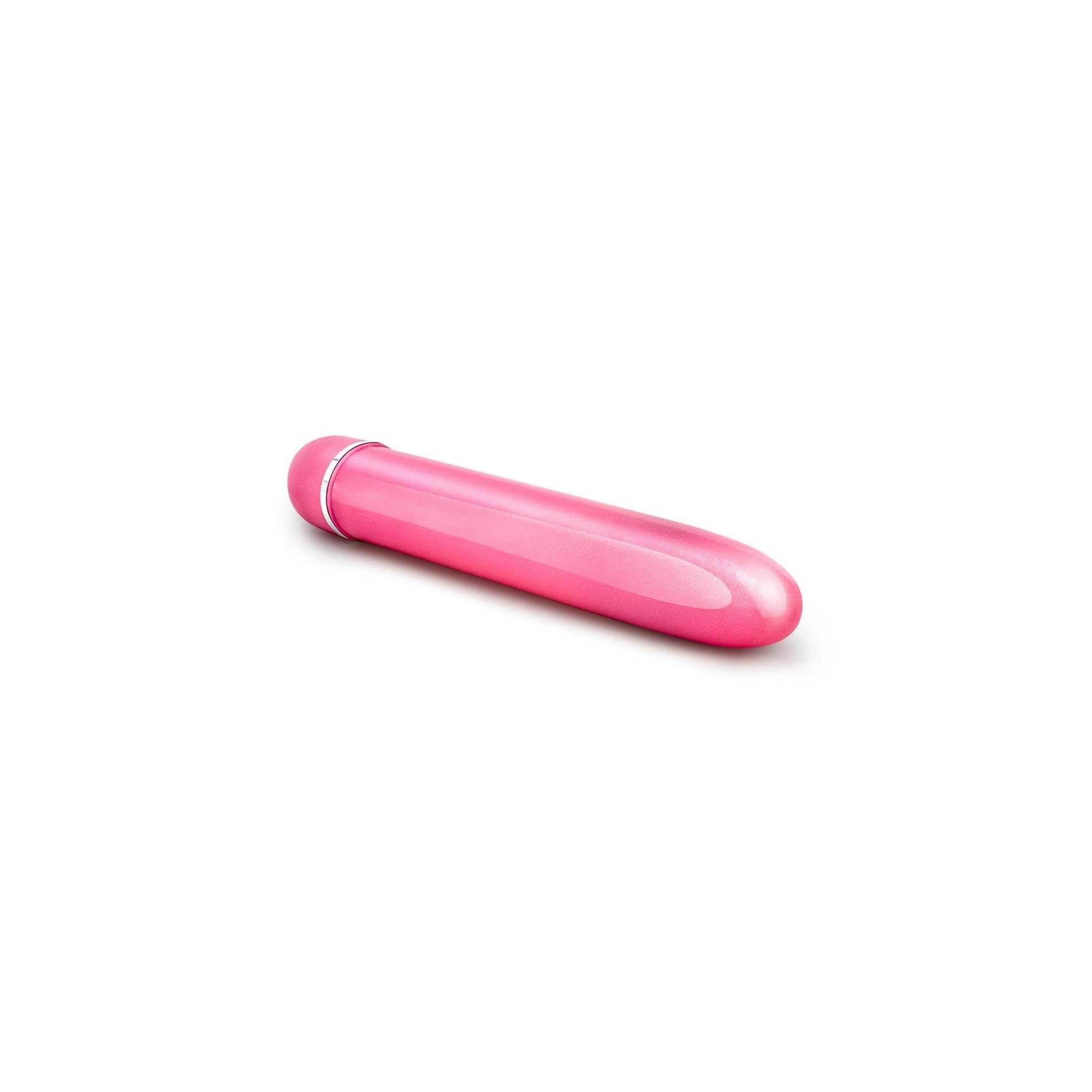 Rosa Vibrator. Zylindrische Form mit abgerundeten Enden. Silberfarbener Ring am Ende.