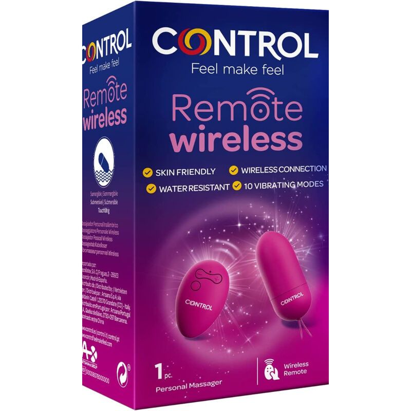 Produktverpackung. Aufschrift: CONTROL Remote wireless. Merkmale: hautfreundlich, wasserdicht, 10 Vibrationsmodi. Enthält einen Massager.