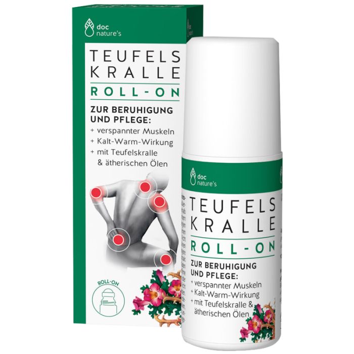 Roll-on-Flasche und Schachtel. Aufschrift: Teufelskralle Roll-On. Illustration: Schmerzpunkte am Körper.