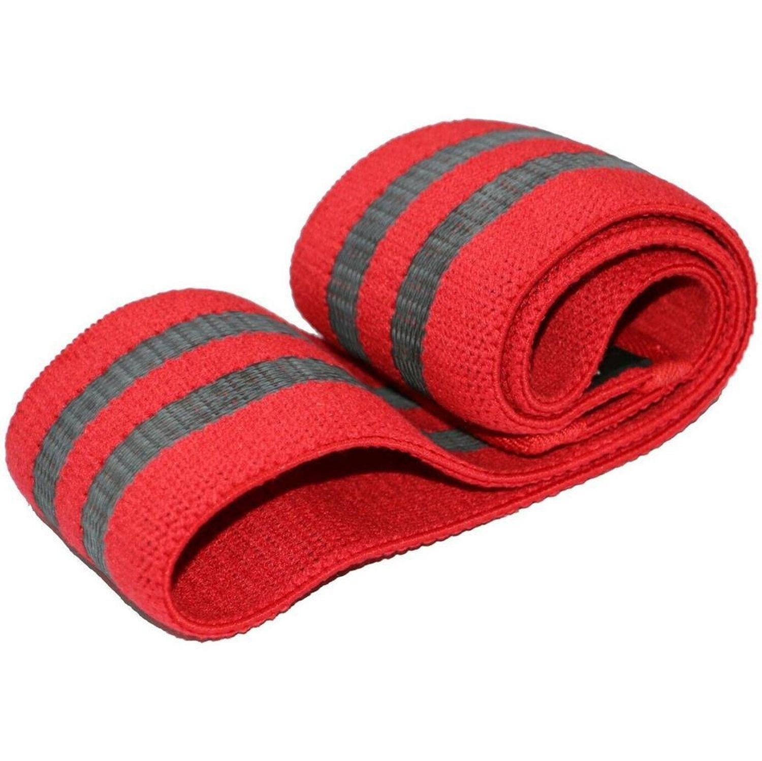 Rotes Loop Band mit grauen Streifen. Aufgerollt.
