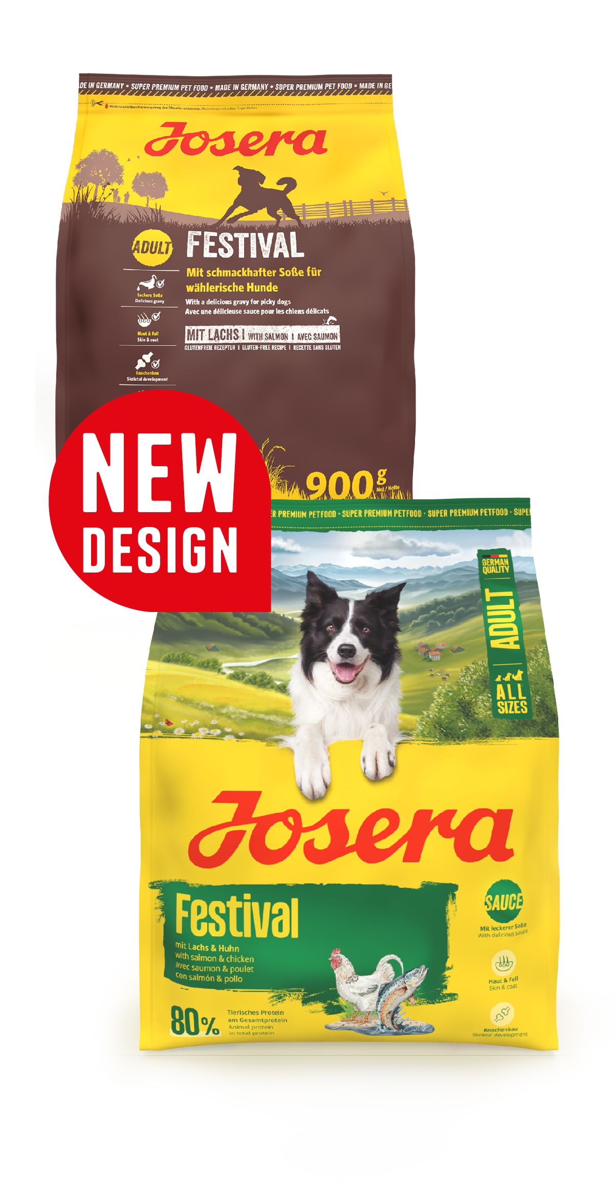 Zwei Säcke Josera Festival Hundefutter, einer davon mit "New Design"-Aufkleber. Gelb und braun.