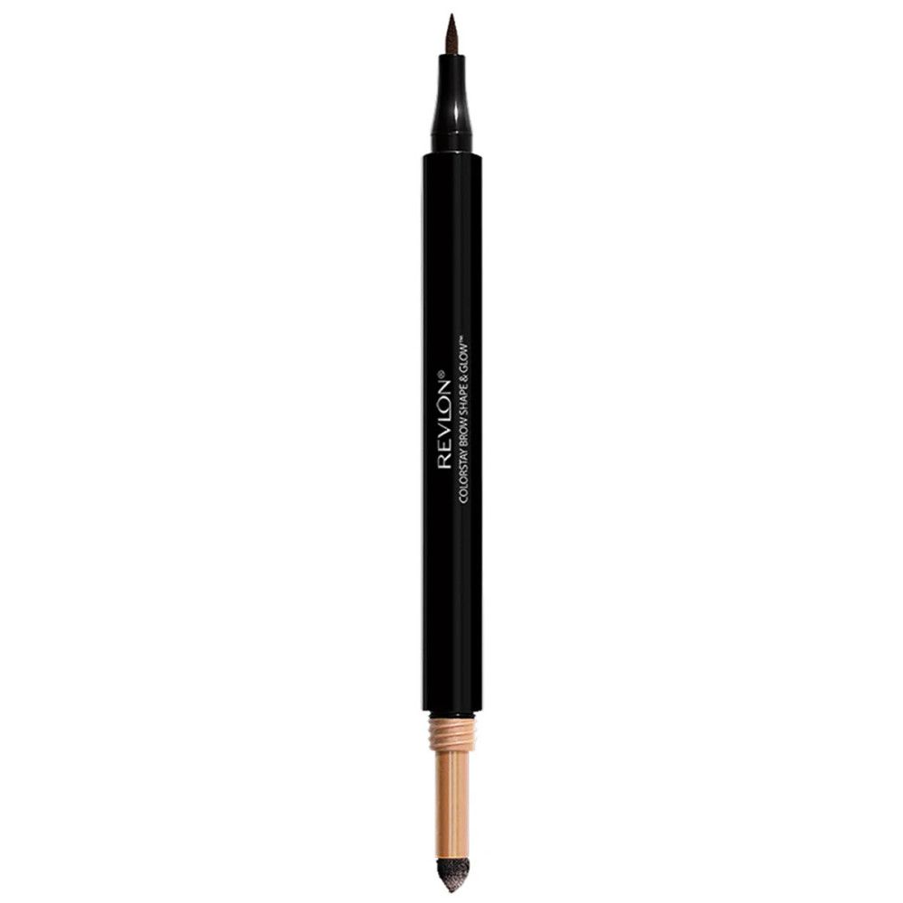 Revlon ColorStay Brow Shape & Glow Augenbrauenstift. Schwarzer Stift mit brauner Spitze und hellem Schwamm-Applikator.
