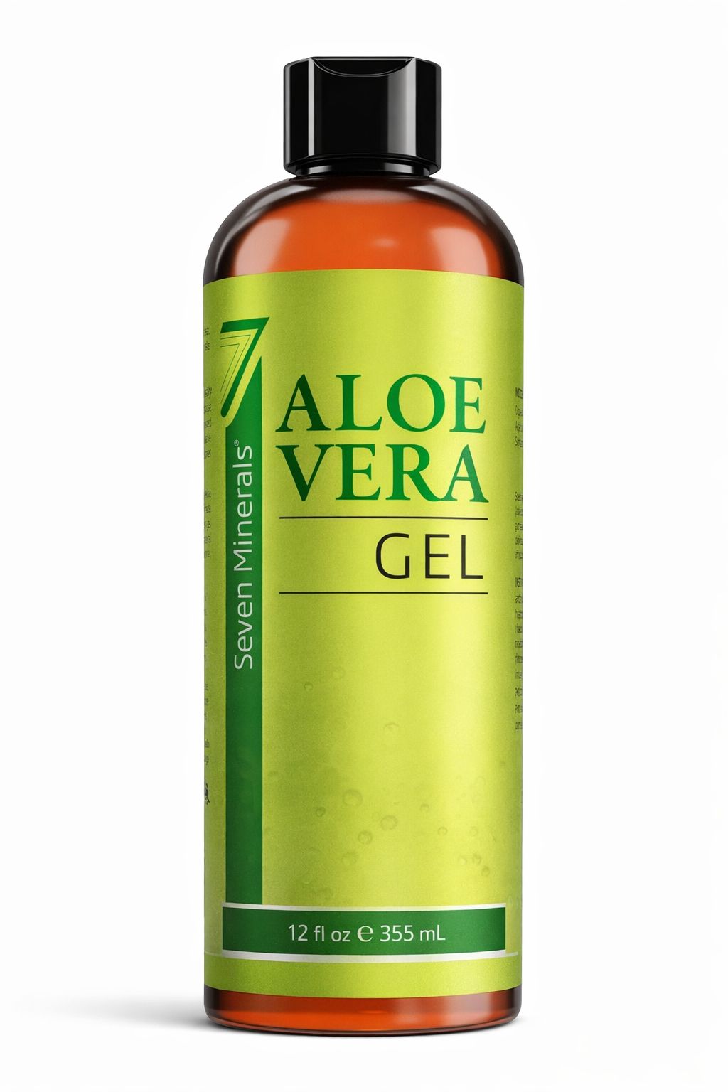 Braune Flasche mit grünem Etikett. Aufschrift: Aloe Vera Gel. Marke: Seven Minerals. Schwarzer Deckel. 12 fl oz / 355 mL.