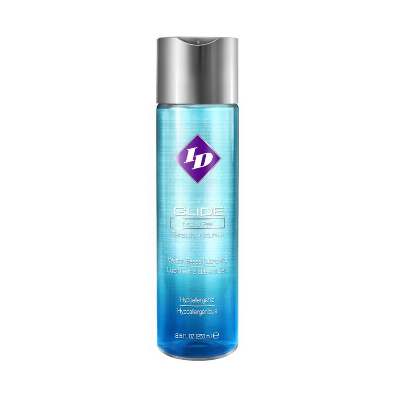Zylindrische Flasche mit silbernem Deckel. Aufschrift "ID" in einem lila Diamanten. "GLIDE" und "Water based lubricant" darunter.