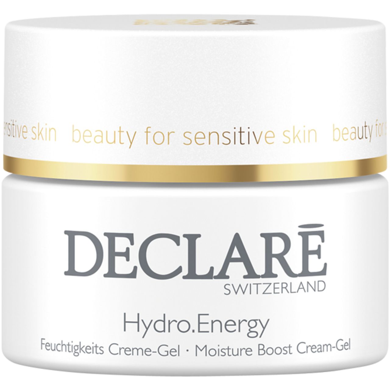 Weißer Tiegel mit goldfarbenem Deckel. DECLARÉ-Logo und Produktbezeichnung Hydro.Energy. Aufschrift: Feuchtigkeits Creme-Gel.