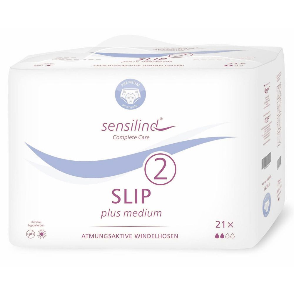 Verpackung von Sensilind Slip Plus 2 M. Weiße Verpackung mit Produktbezeichnung und Logo. Enthält 21 Stück. Atmungsaktive Windelhosen.