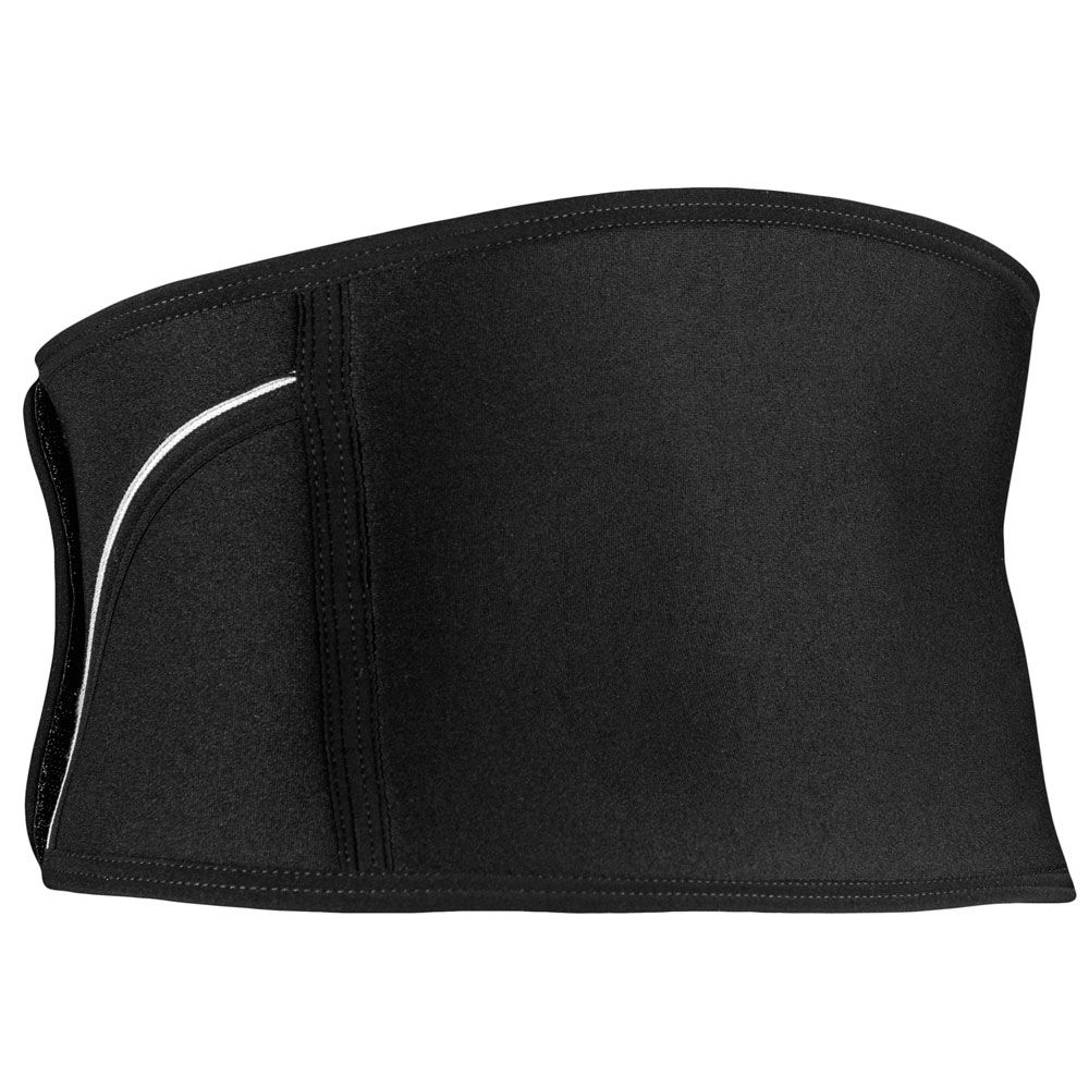 Schwarze Rückenbandage, seitlicher weißer Akzent. Einfaches Design.