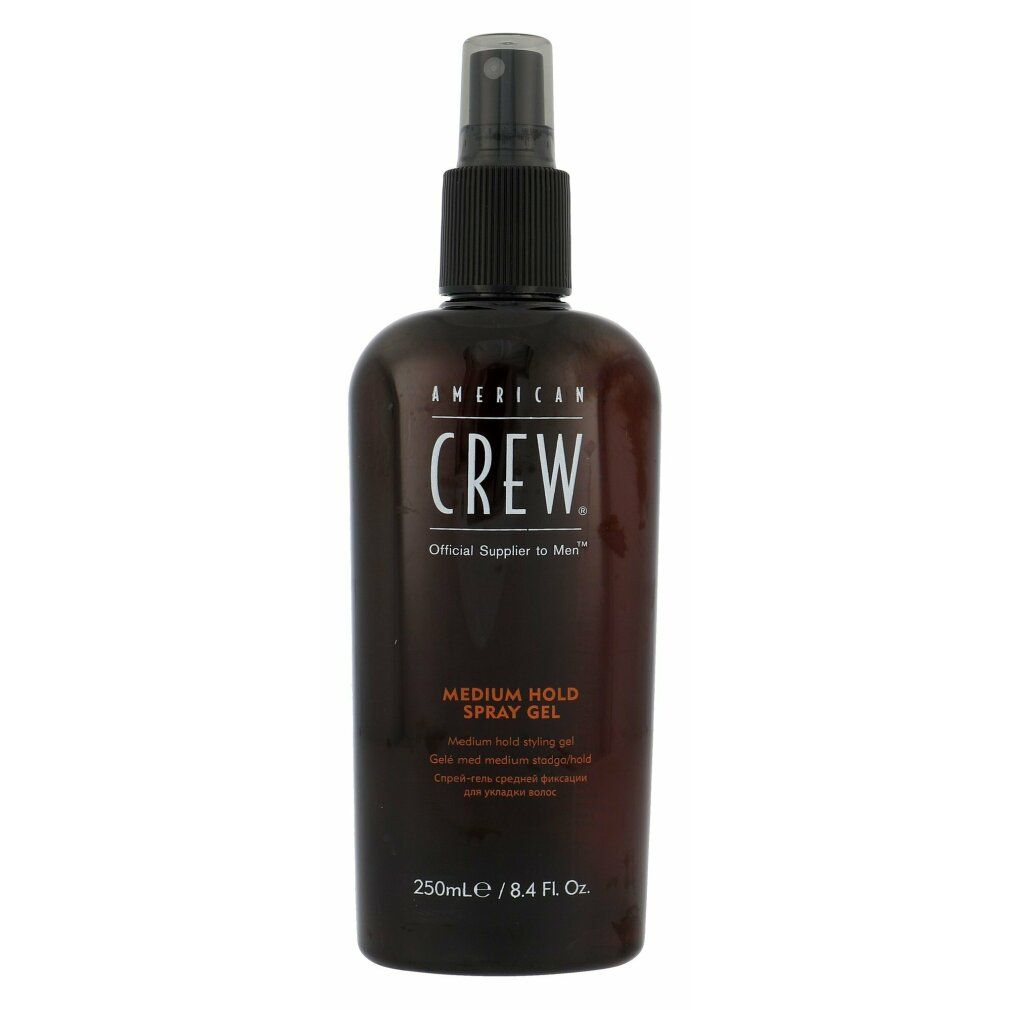 Braune Flasche mit schwarzem Sprühkopf. Aufschrift: CREW, MEDIUM HOLD SPRAY GEL. Volumen: 250 ml.
