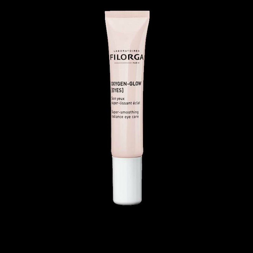 Rosa Tube mit weißem Verschluss. Aufschrift: FILORGA, Oxygen-Glow [EYES], Super-smoothing radiance eye care.