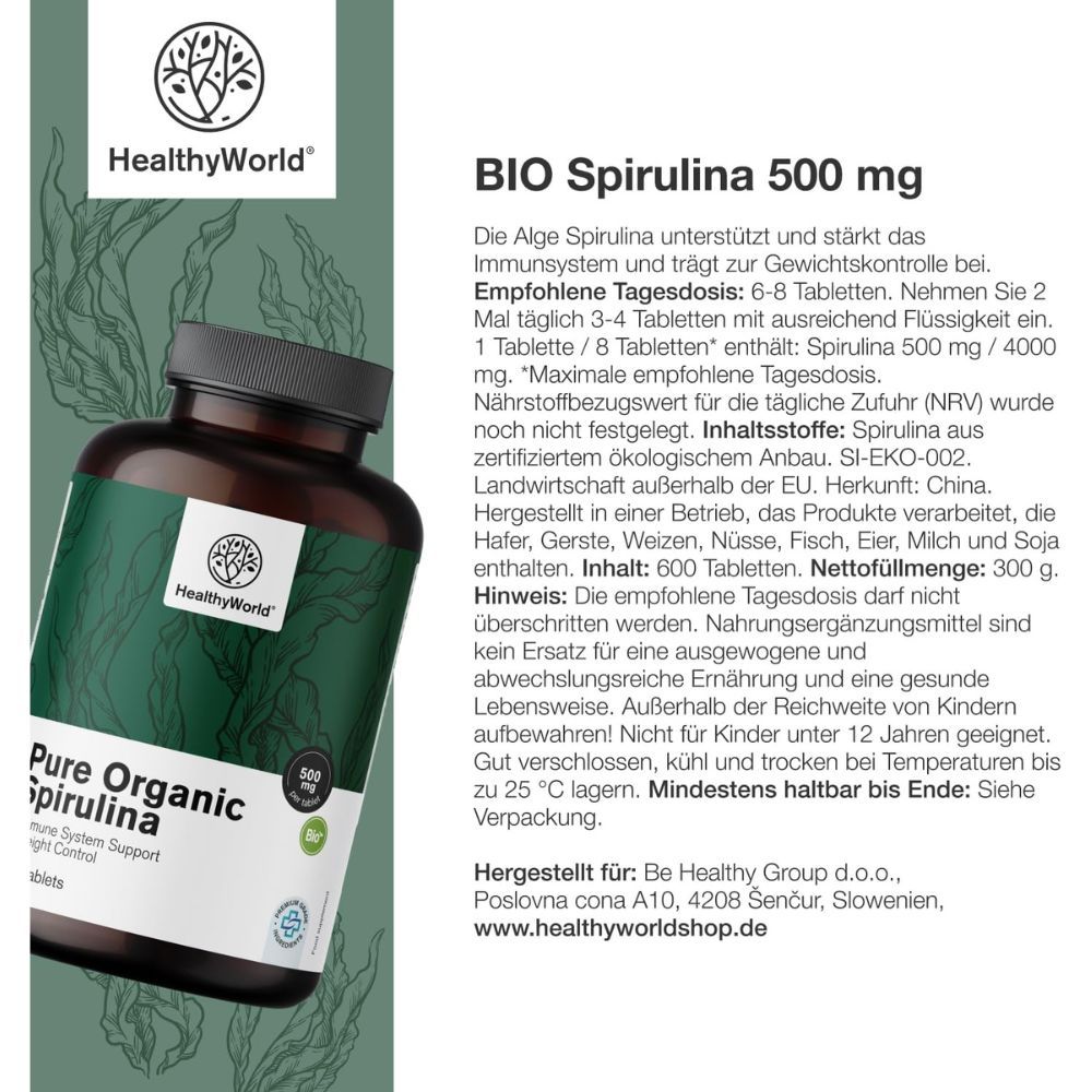 BIO Spirulina 500 mg. Flasche mit Tabletten. Text mit Informationen zur Anwendung und Inhaltsstoffen.