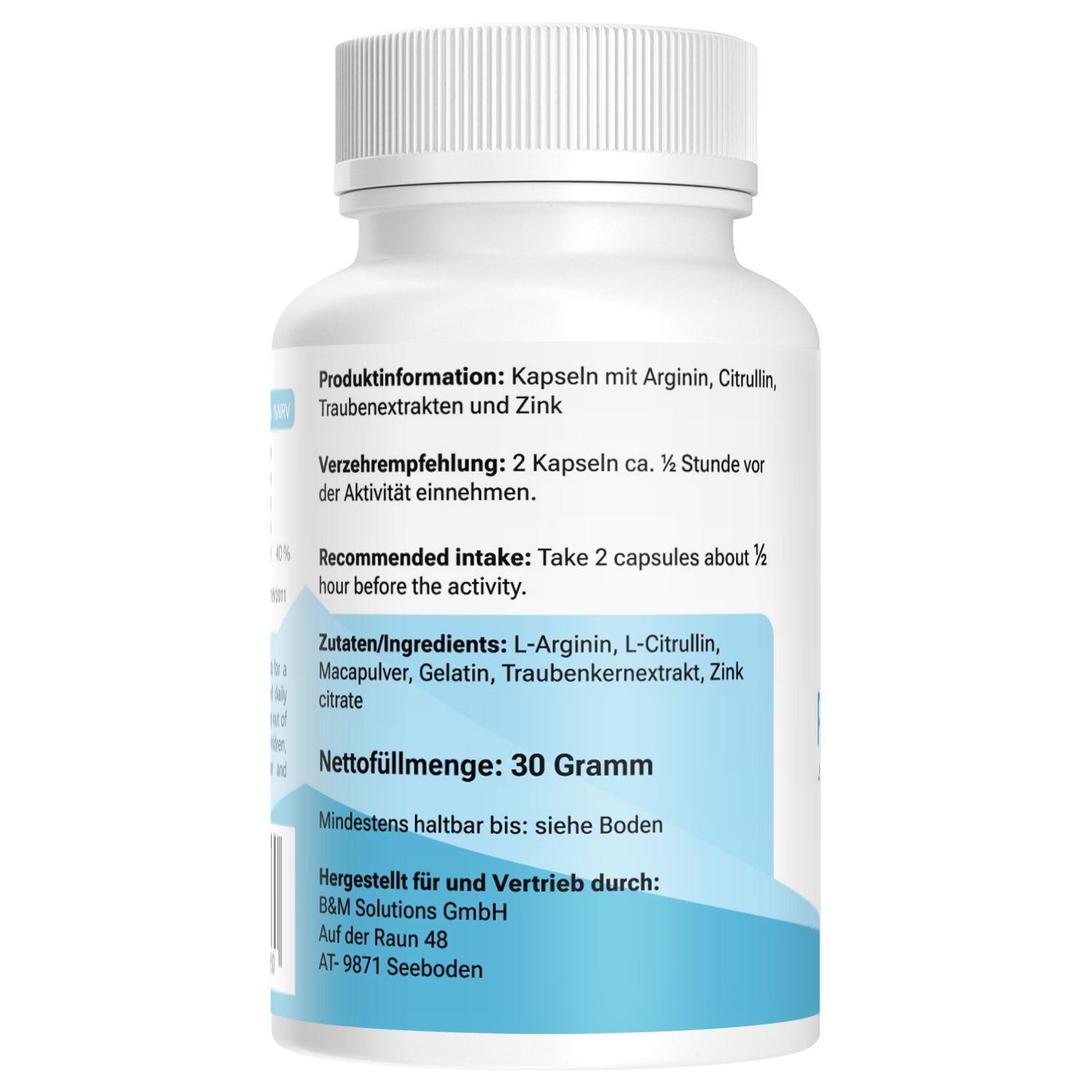 Weiße Kapsel-Dose mit blauem Etikett. Text: Produktinformation, Zutaten, Nettofüllmenge 30 Gramm, Mindestens haltbar bis, Hersteller.