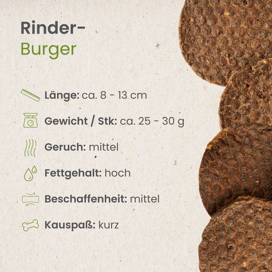 Drei runde Hundesnacks aus Rindfleisch mit strukturierter Oberfläche.