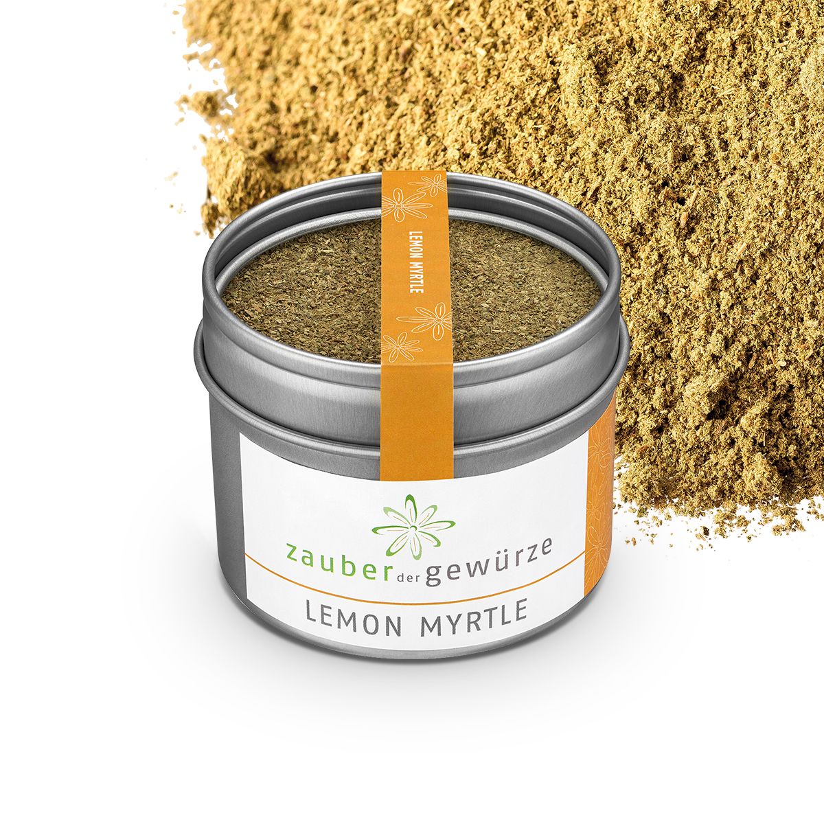 Zylindrische Dose mit Kräutern und Pulver im Hintergrund. Aufkleber "Zauber der Gewürze Lemon Myrtle". Gelber Streifen.