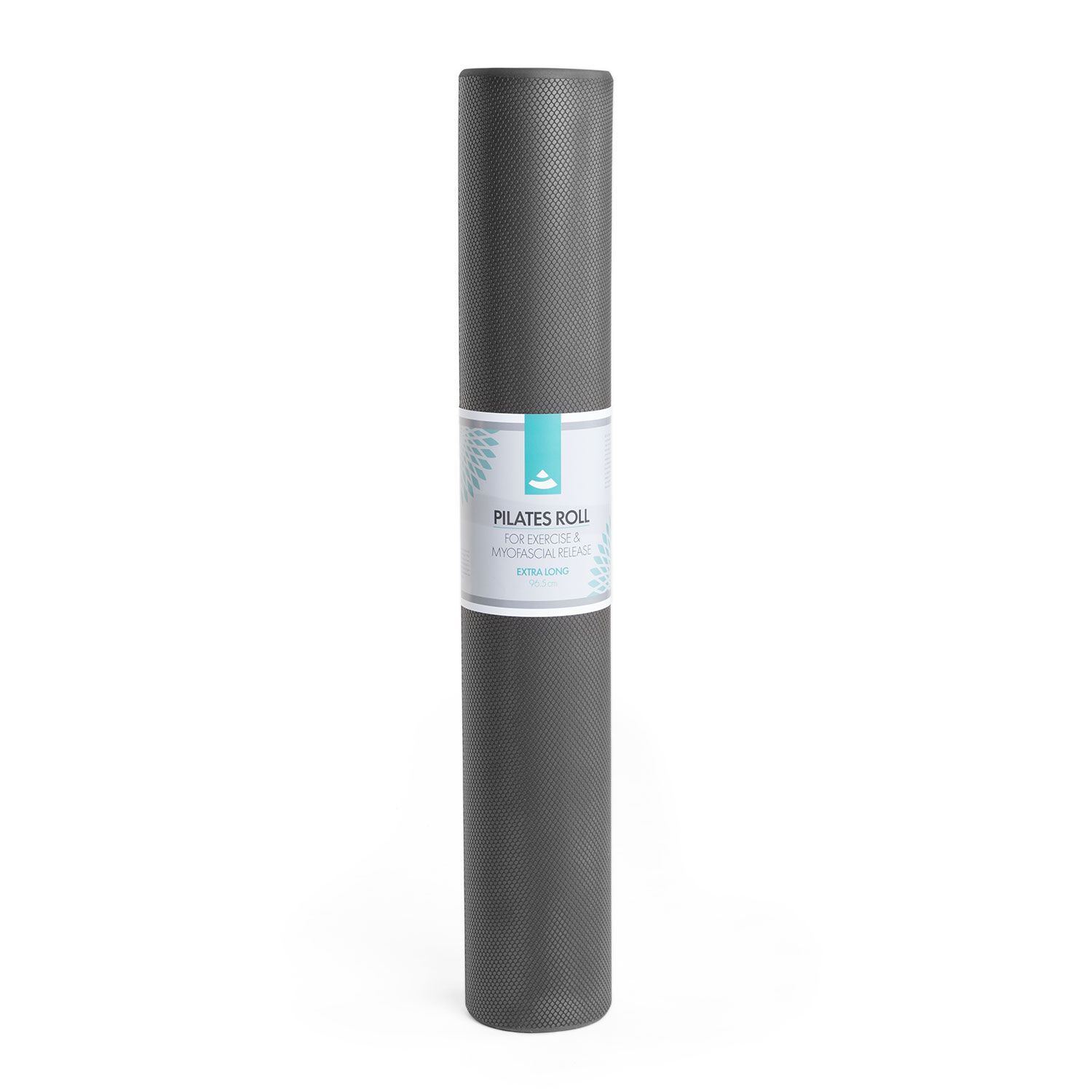 Anthrazitfarbene Pilates Rolle XL, gerollt. Mit weißem Etikett, Aufschrift 'PILATES ROLL' und Logo. Hintergrund weiß.