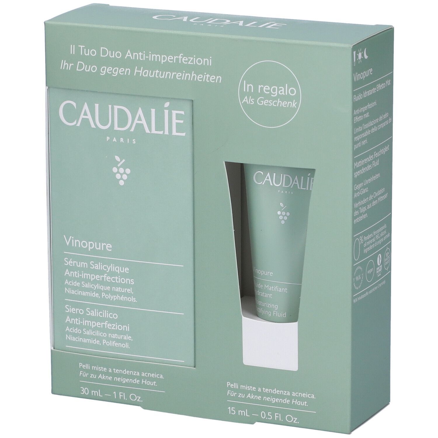 Cofanetto Caudalie Vinopure. Confezione verde e bianca. Contiene siero e fluido. Testo: Vinopure, Siero, 30 ml, 1 FL Oz, 15 ml - 0.5 FL Oz.