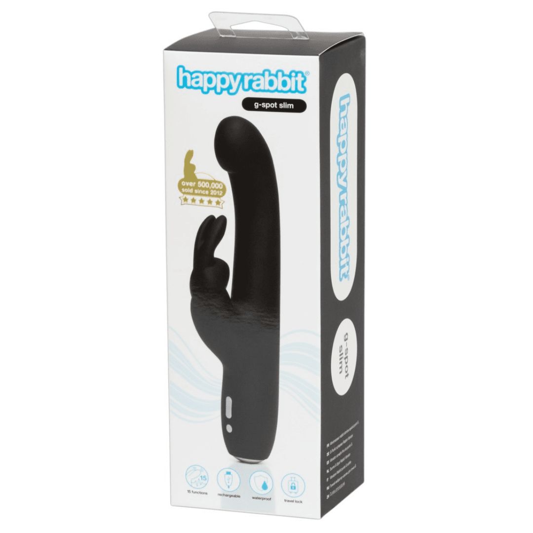 Produktverpackung mit Vibrator-Abbildung. Text: happy rabbit, g-spot slim, über 500.000 verkauft seit 2010.