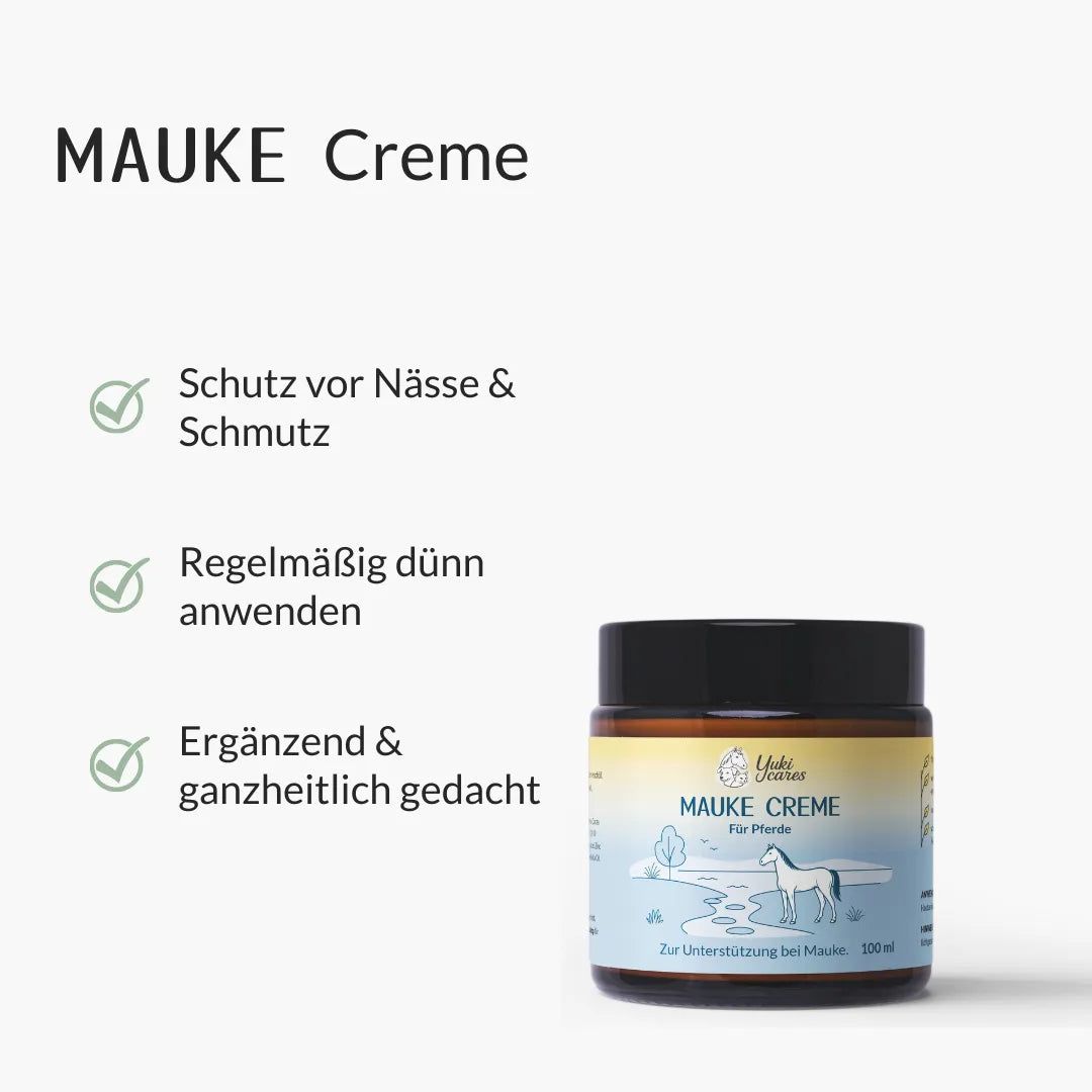 Braunes Glas mit schwarzem Deckel. Aufschrift: Mauke Creme für Pferde. Logo: Yuki cares. Text: Schutz vor Nässe & Schmutz.