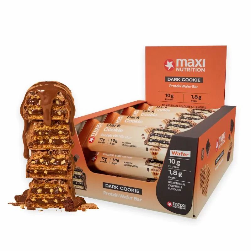 MaxiNutrition Protein Waffle Bar, Dark Cookie. Einzelne Riegel und Verpackung. 12er-Box. Sichtbare Nährwertangaben.