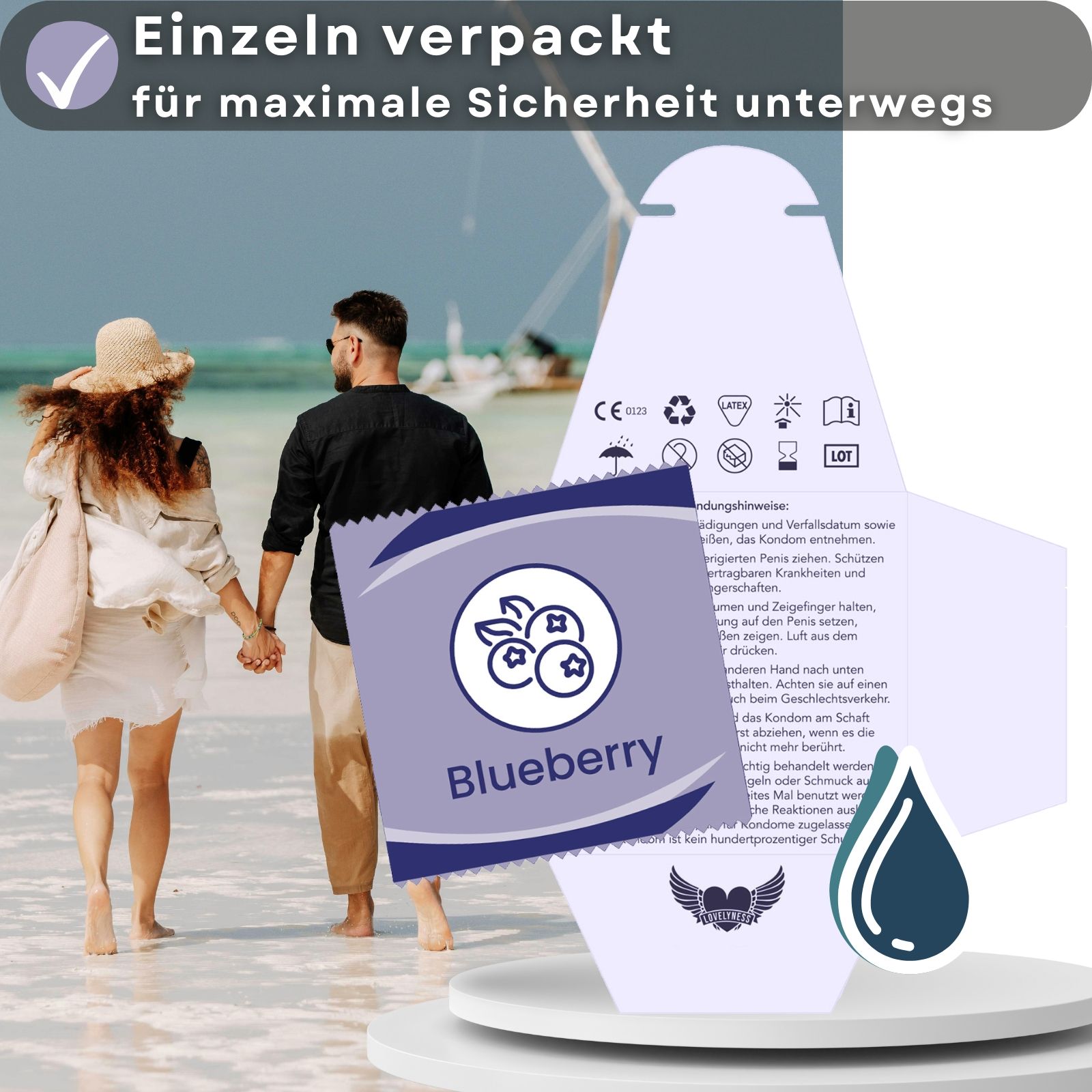 Kondome, einzeln verpackt. Blaubeere-Geschmack. Logo mit Flügeln und Herz. Tropfen-Symbol.