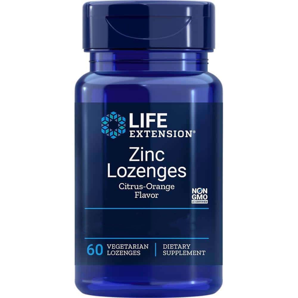 Blaue Flasche mit "Life Extension" und "Zinc Lozenges". 60 Lutschtabletten, Citrus-Orange Geschmack. Vegetarisch, Nahrungsergänzungsmittel.