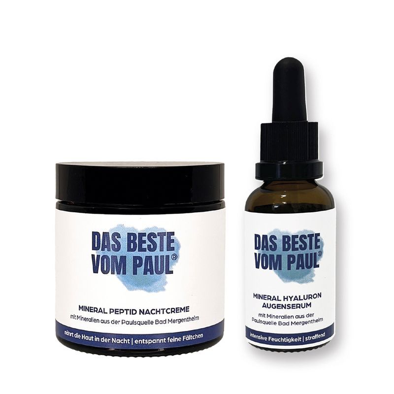 Zwei Kosmetikprodukte: Creme-Tiegel und Serumflasche. Beide mit dem Logo 'DAS BESTE VOM PAUL'.