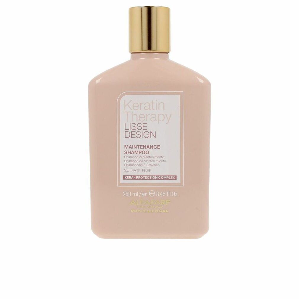 Rosa Shampoo-Flasche mit goldfarbenem Deckel. Text: Keratin Therapy Lisse Design Maintenance Shampoo, Alfaparf Milano.