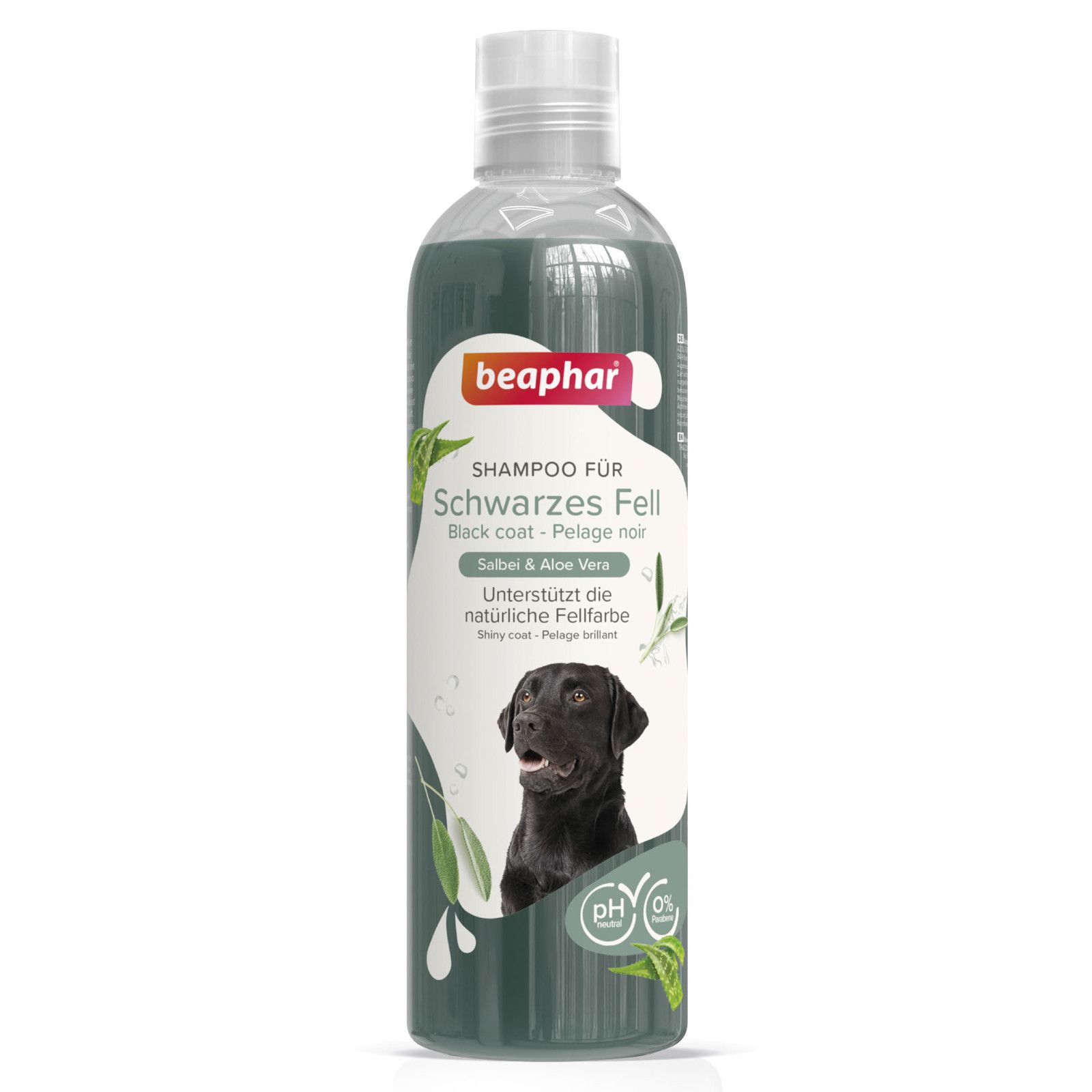 Beaphar Shampoo-Flasche für schwarzes Fell. Text: Salbei & Aloe Vera, unterstützt natürliche Fellfarbe. pH-neutral, 0% Parabene. Abbildung: Hund.
