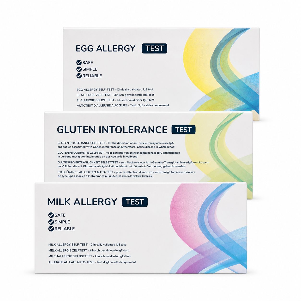 Drei Lebensmittelallergie-Selbsttests: Ei, Gluten, Milch. CE-zertifiziert.