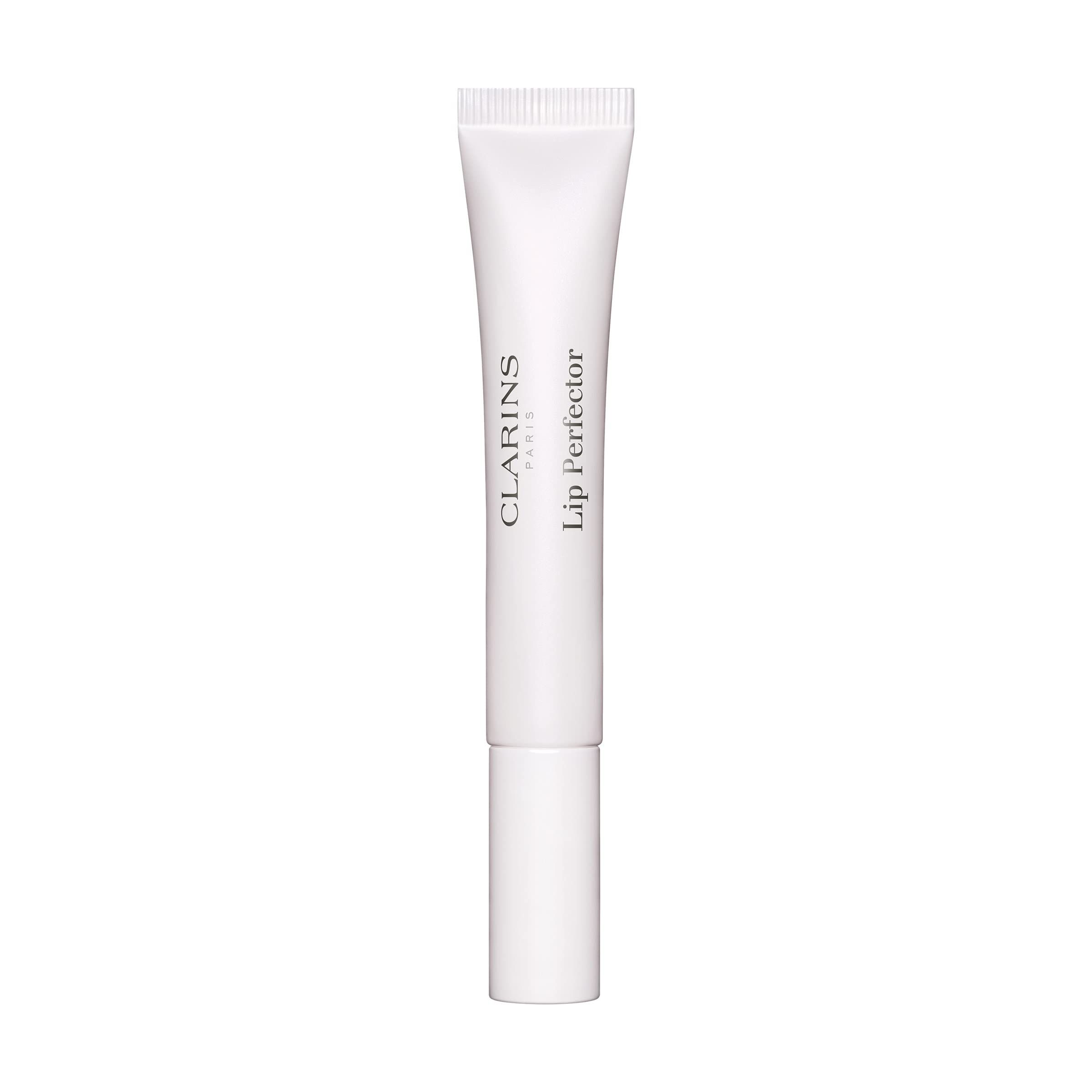 Weiße Tube mit Lip Perfector. Text: Clarins, Lip Perfector.