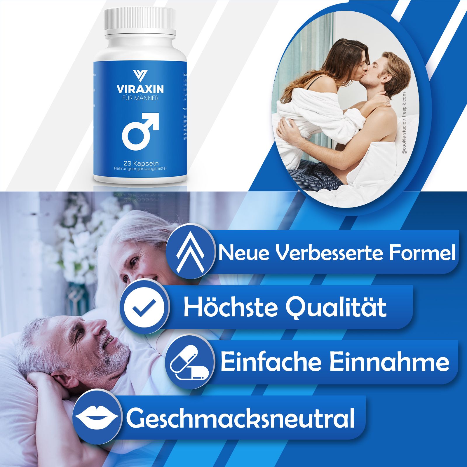 Flasche "Viraxin für Männer" mit 20 Kapseln. Text: "Neue verbesserte Formel", "Höchste Qualität", "Einfache Einnahme", "Geschmacksneutral".