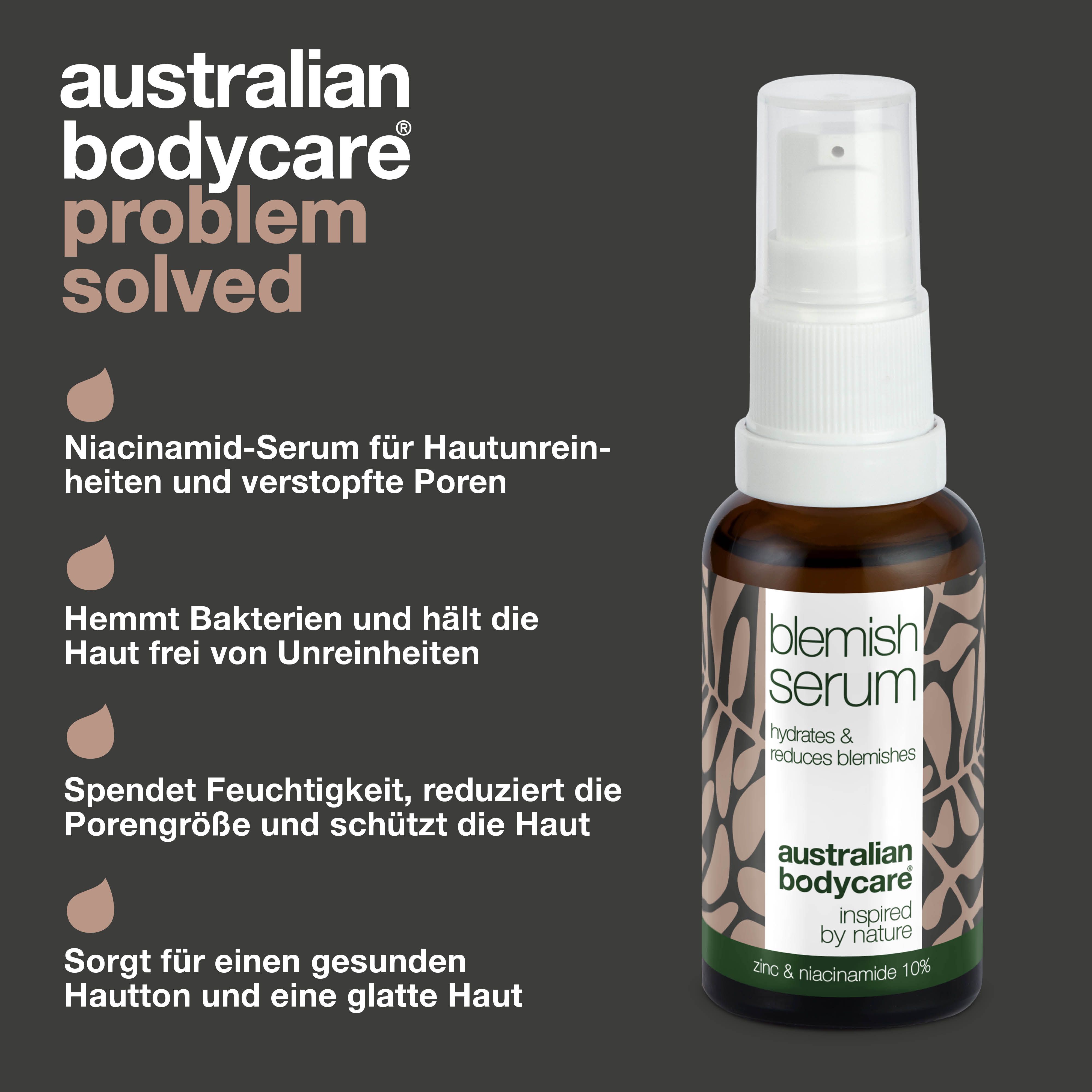 Text und Flasche Blemish Serum. Aufschrift: Blemish Serum, hydratisiert & reduziert Hautunreinheiten. Marke: Australian Bodycare.