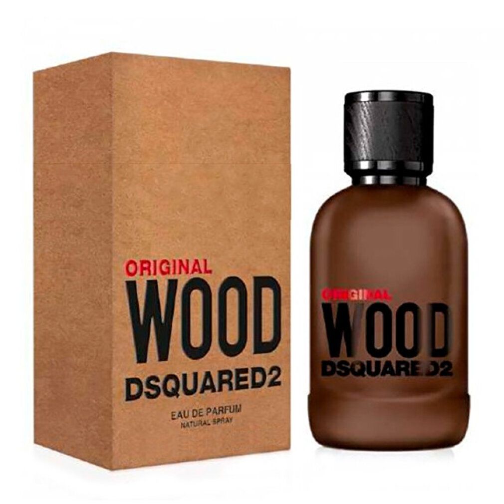 Dsquared2 Wood Original EdP Flakon und Verpackung, braun, matt.