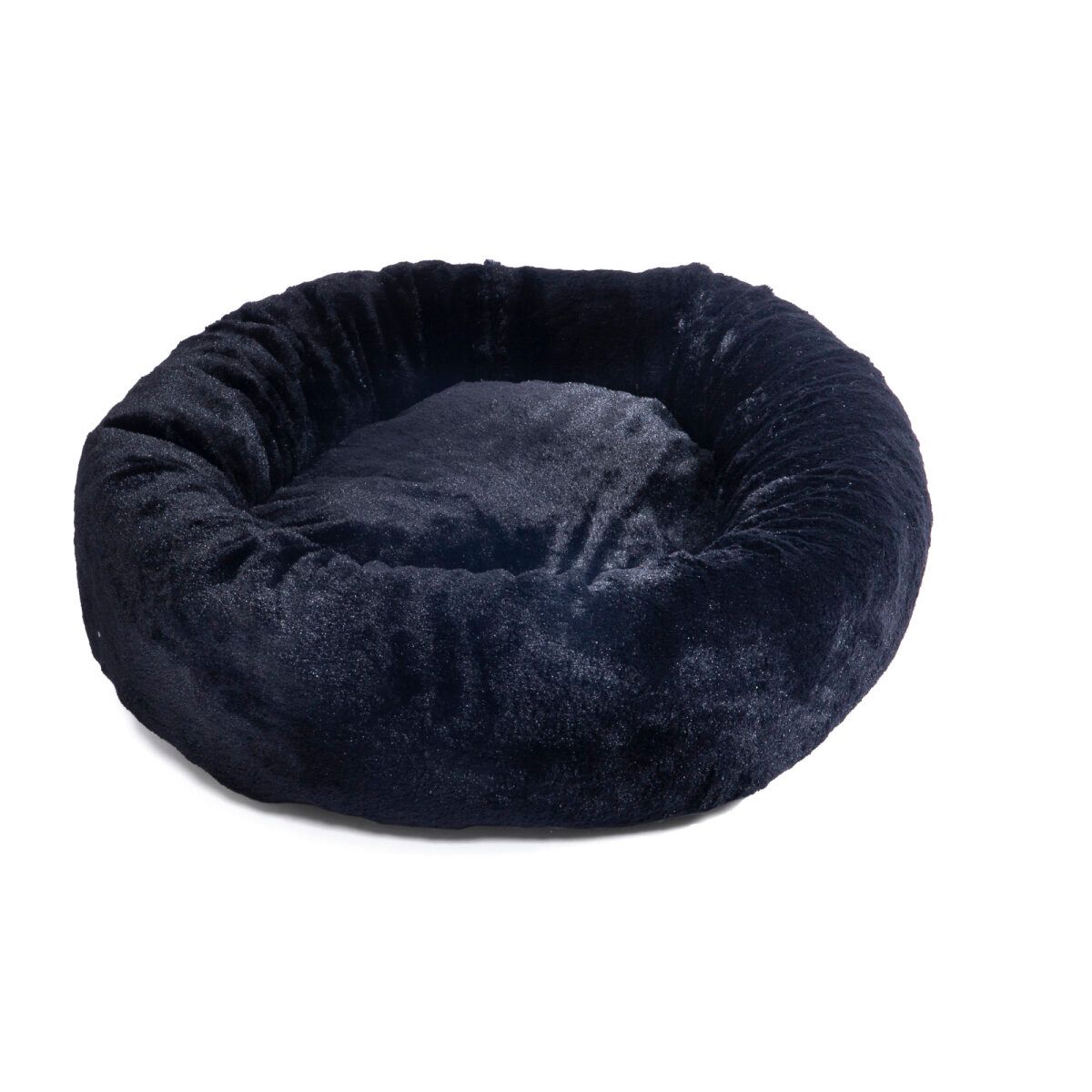 Schwarzes Kuschelbett für Hund oder Katze. Rund, aus weichem Material.