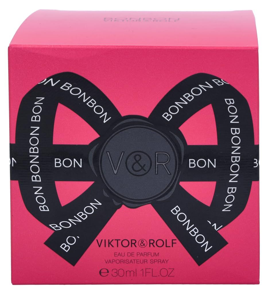 Rosa Schachtel mit schwarzer Schleife und Schriftzug BONBON. Viktor & Rolf, Eau de Parfum.