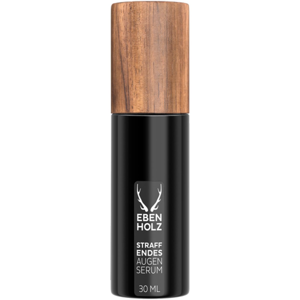 Schwarze Flasche mit Holzdeckel. Aufschrift: EBENHOLZ, Straffendes Augenserum, 30 ml. Weißes Logo mit Hirschgeweih.